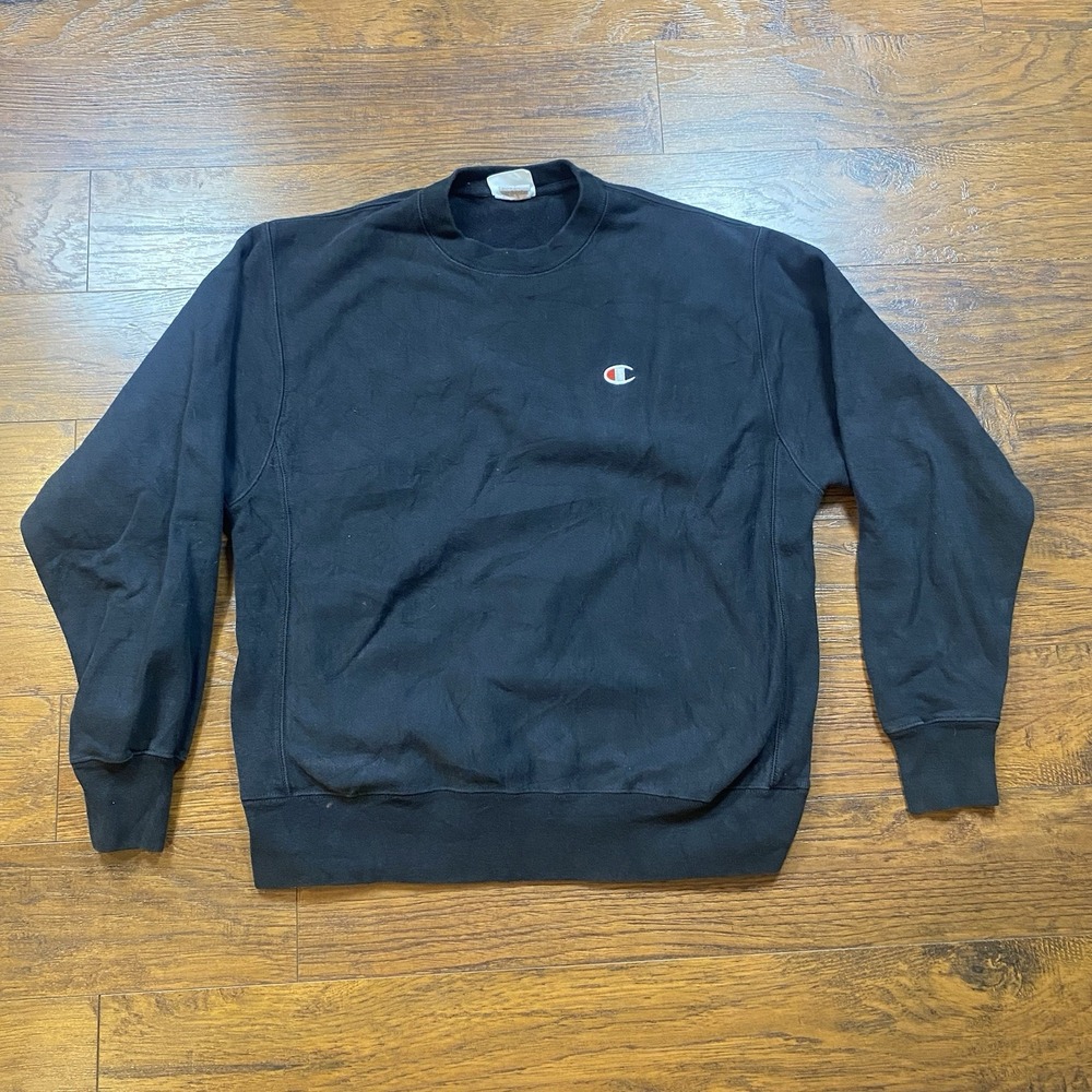 Champion Reverse Weave Sweatshirt Mens Large Black Fleece Crewneck Logo Pullover